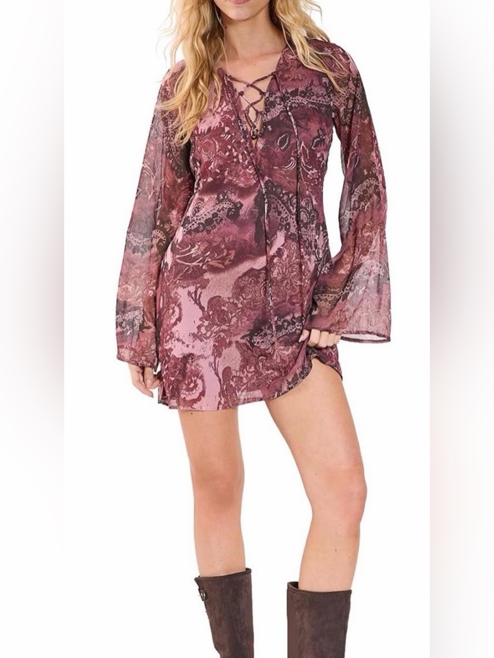 Nasty Gal Lace-Up paisley Floral Long Sleeve Mini Dress - Rust- size 8-NWT